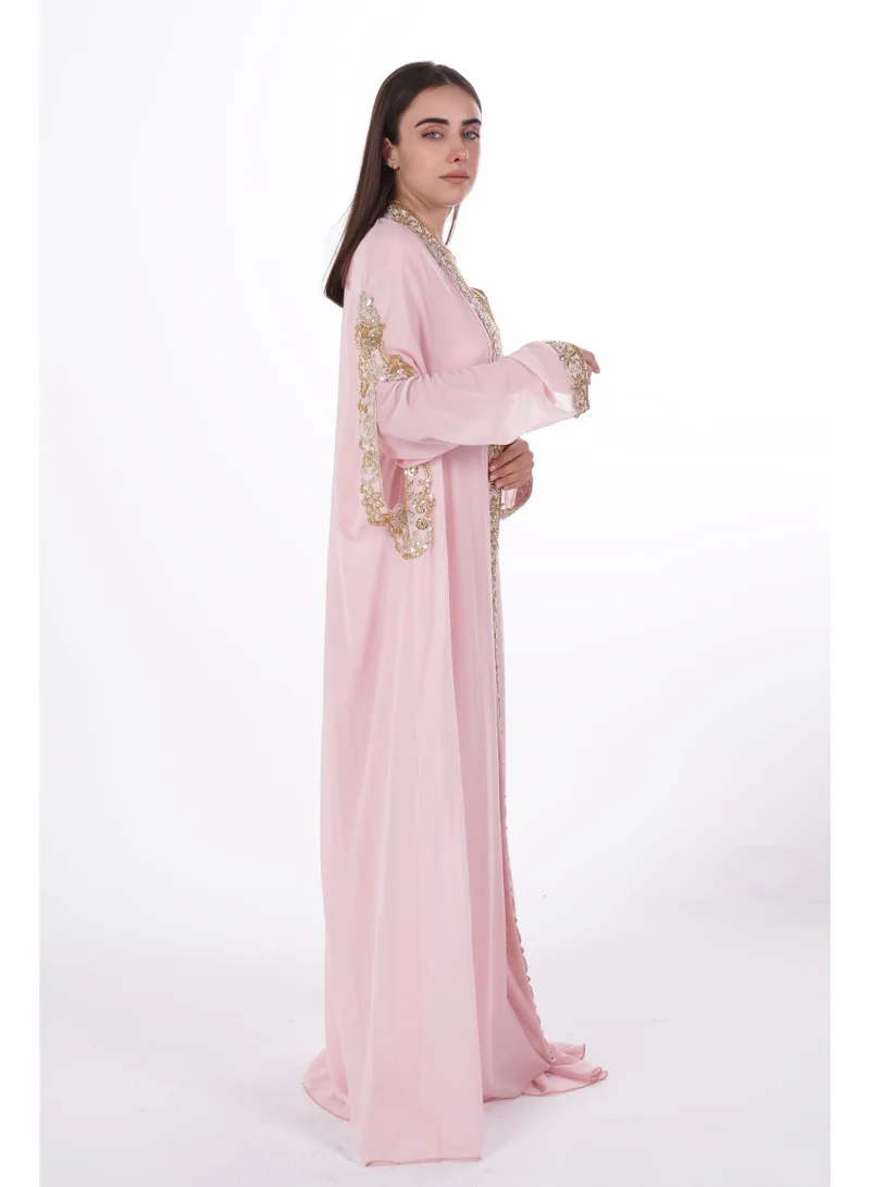 AL BENT AL SHARQIEH pink emboidered chiffon kaftan dress for Women | Best Price UAE
